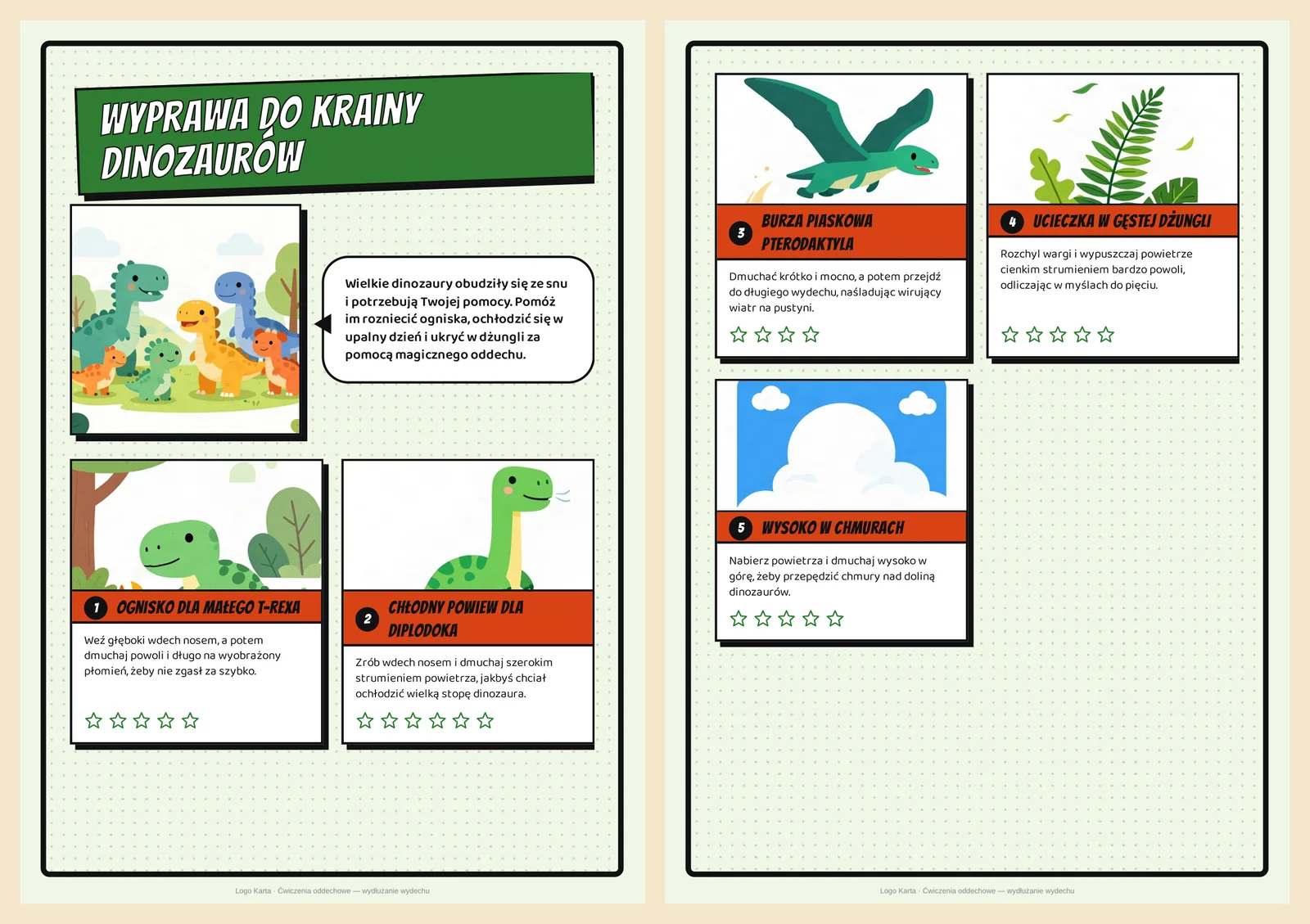 Pierwsze dwie strony karty pracy z gadAI o dinozaurach do ćwiczeń oddechowych: historia o dinozaurach, ponumerowane ćwiczenia z obrazkami i gwiazdkami do zamalowania