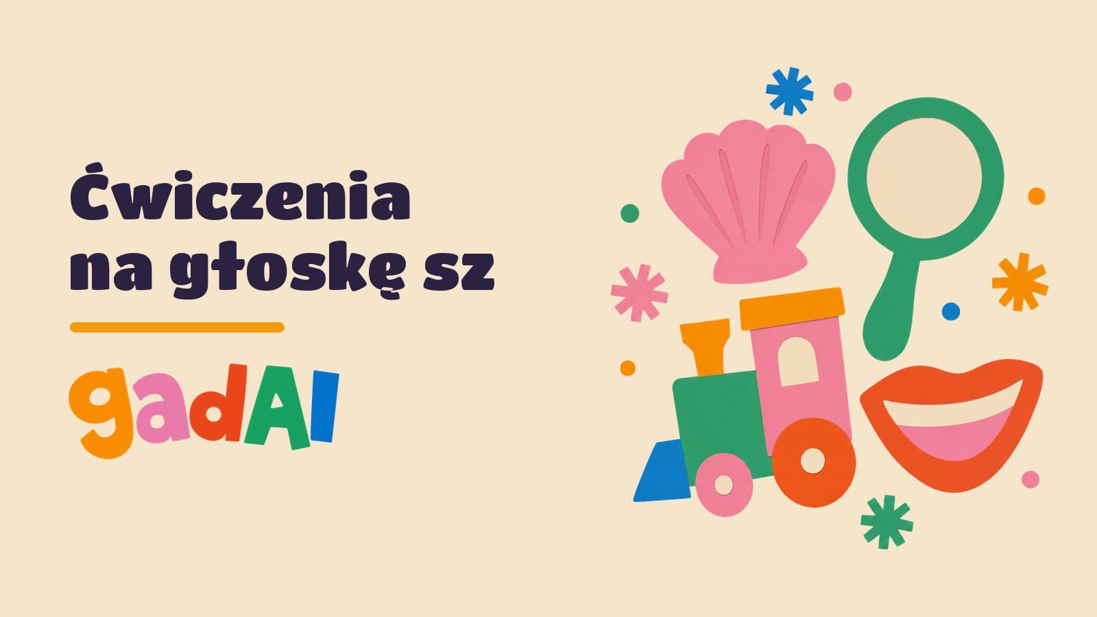 Wycinankowa różowa muszla, zielone lusterko, kolorowa lokomotywka i papierowe usta w uśmiechu