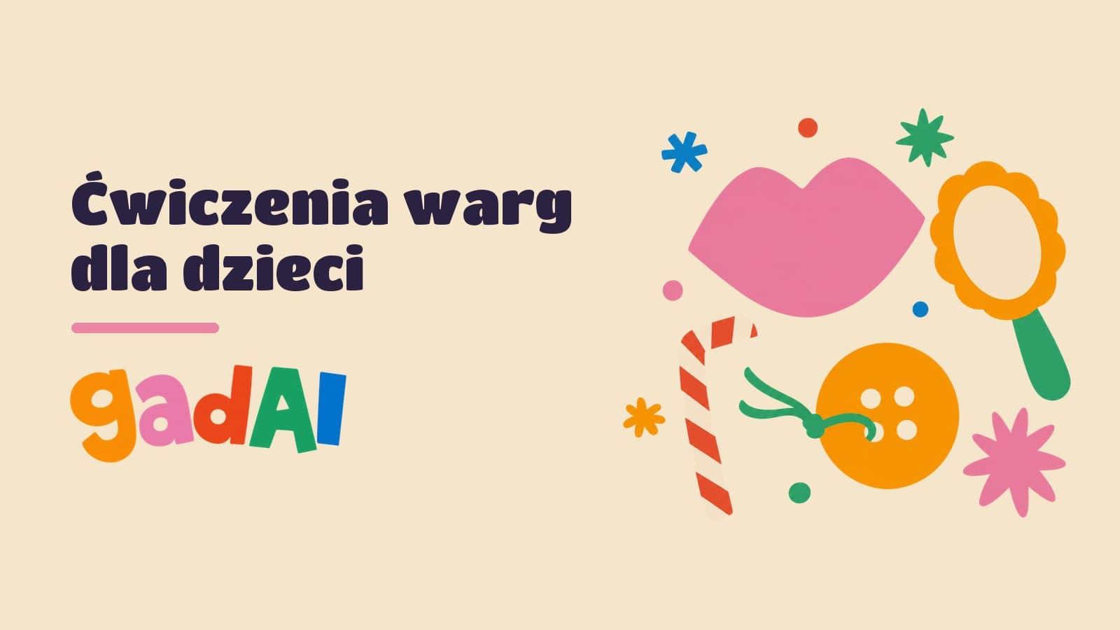 Wycinankowe zamknięte usta, duży guzik na sznurku, lusterko i słomka w paski na kremowym tle