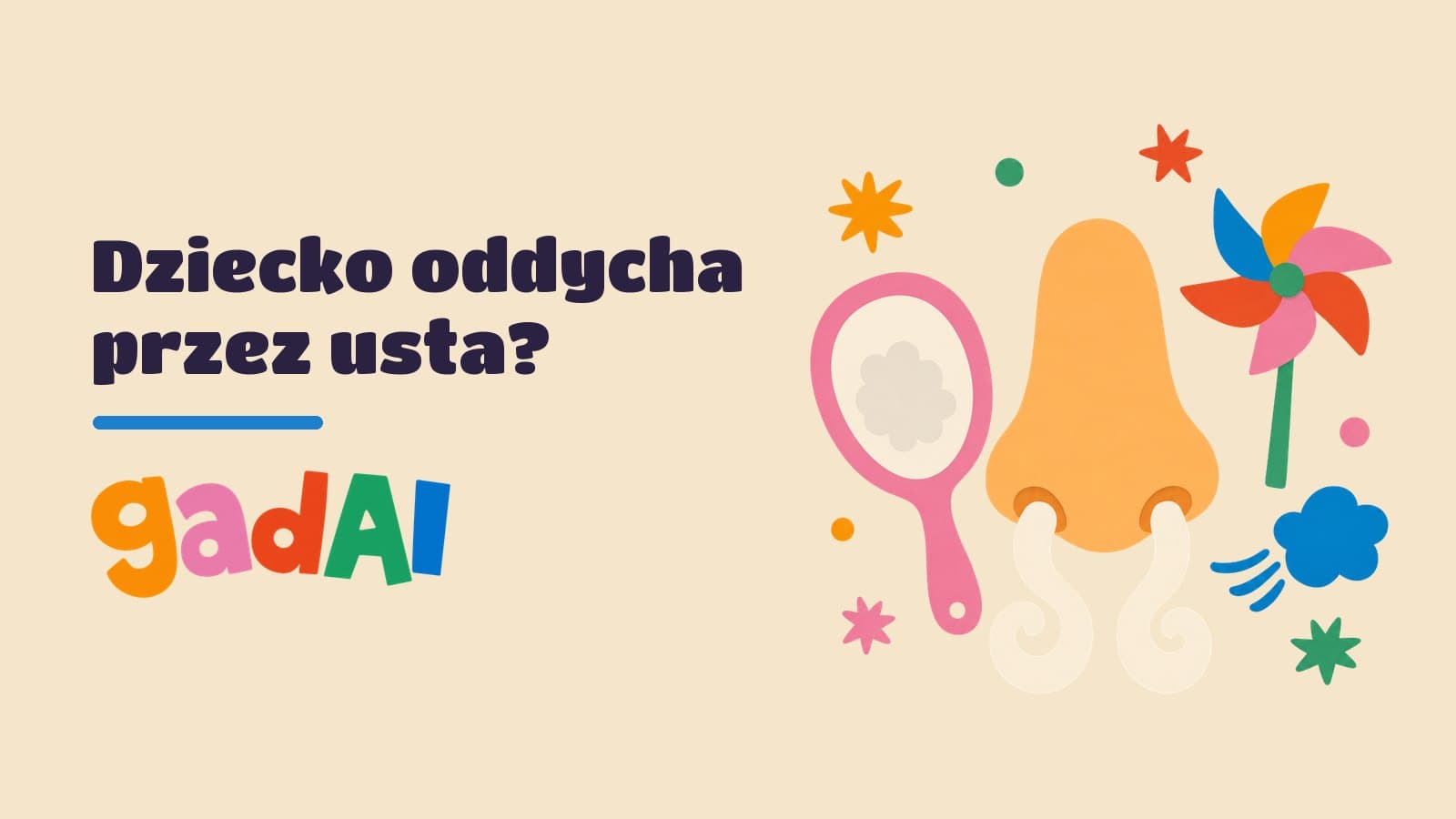 Wycinankowy nos z dwoma smugami powietrza, zamglone lusterko, kolorowy wiatraczek i niebieska chmurka