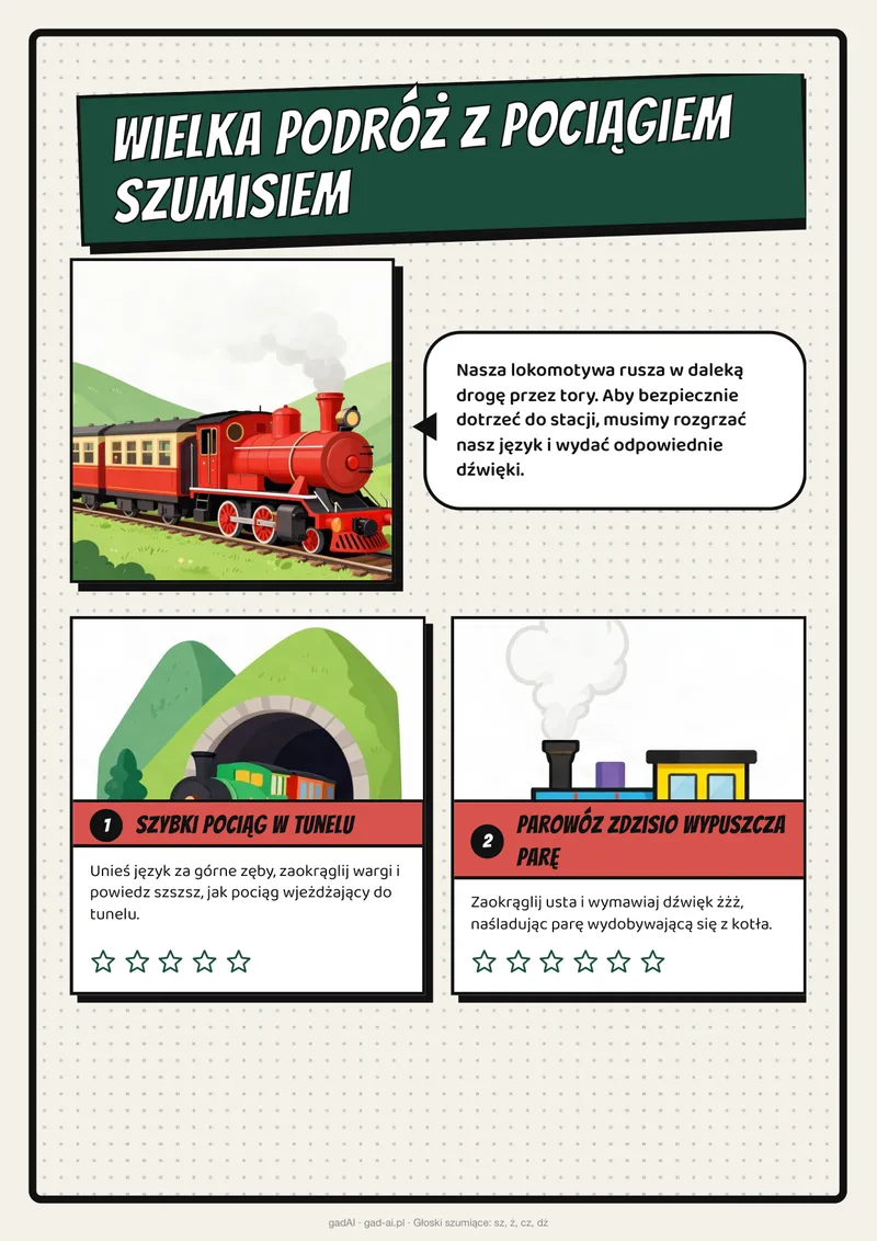 Pierwsza strona karty pracy logopedycznej, temat pociągi: Wielka podróż z pociągiem szumisiem.
