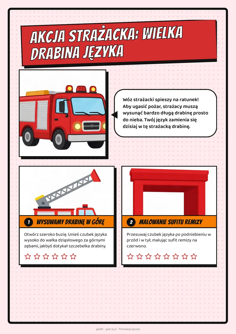 Pierwsza strona karty pracy logopedycznej, temat straż pożarna: Akcja strażacka: Wielka drabina języka.
