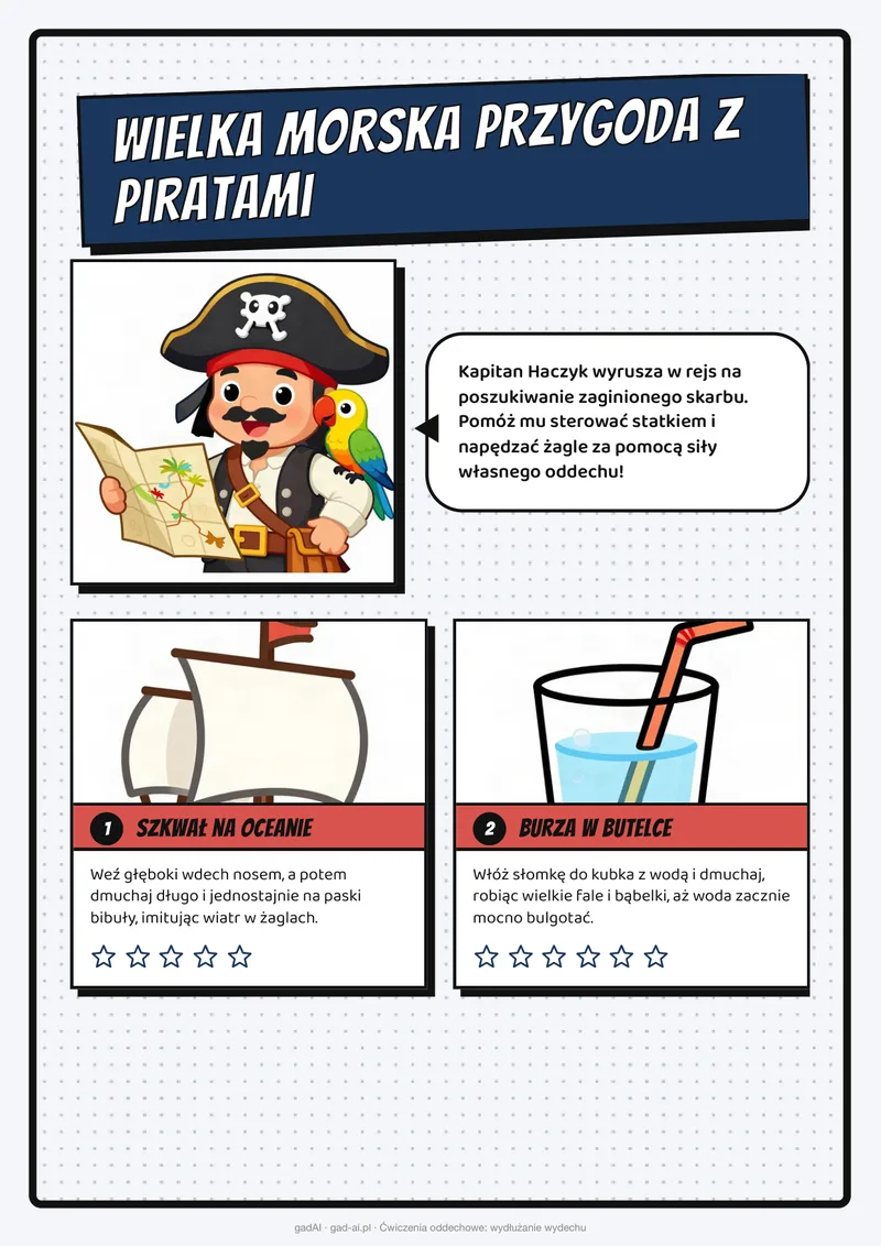 Pierwsza strona karty pracy logopedycznej, temat piraci: Wielka Morska Przygoda z Piratami.